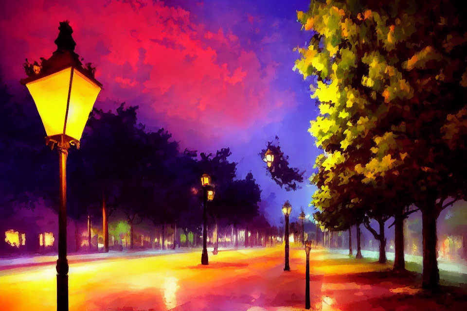 Impressionist-style painting: Tranquil street at dusk with glowing street lamps