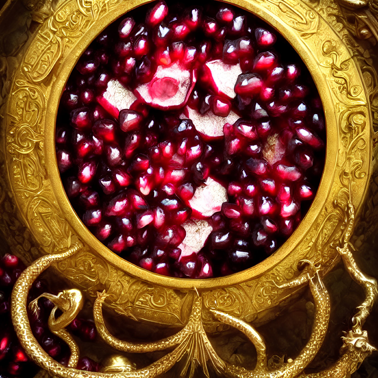 Golden Bowl with Red Pomegranate Seeds and Decorative Trim