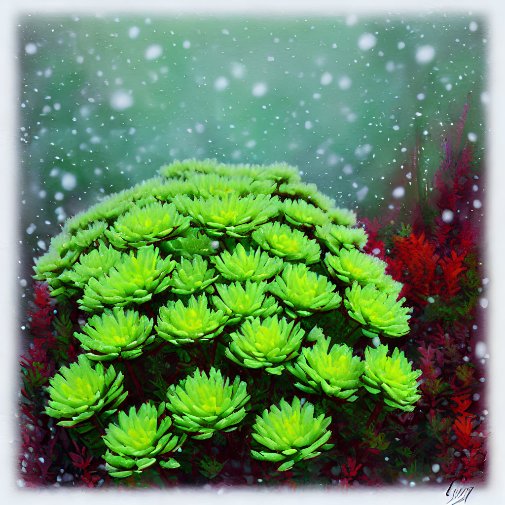 Vibrant digital painting: Green succulents, red foliage, gentle snowfall