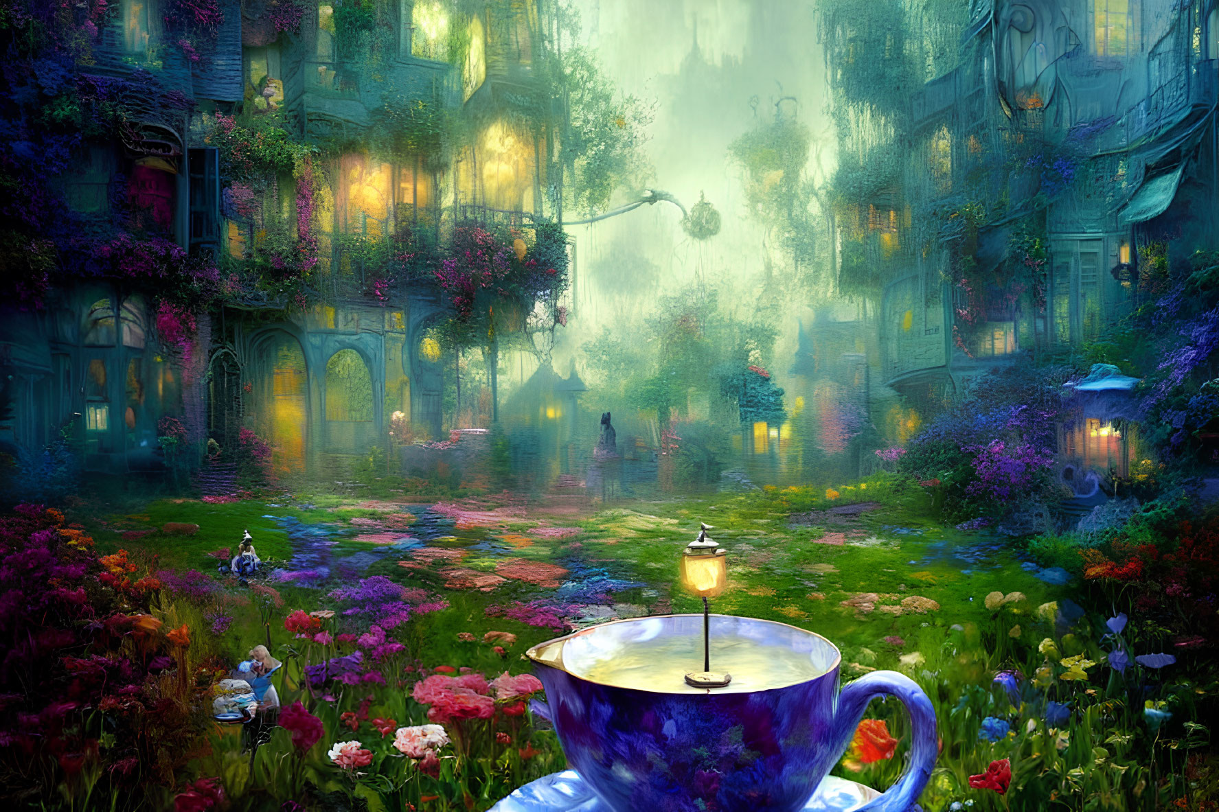 Colorful street scene with oversized teacup and mystical haze