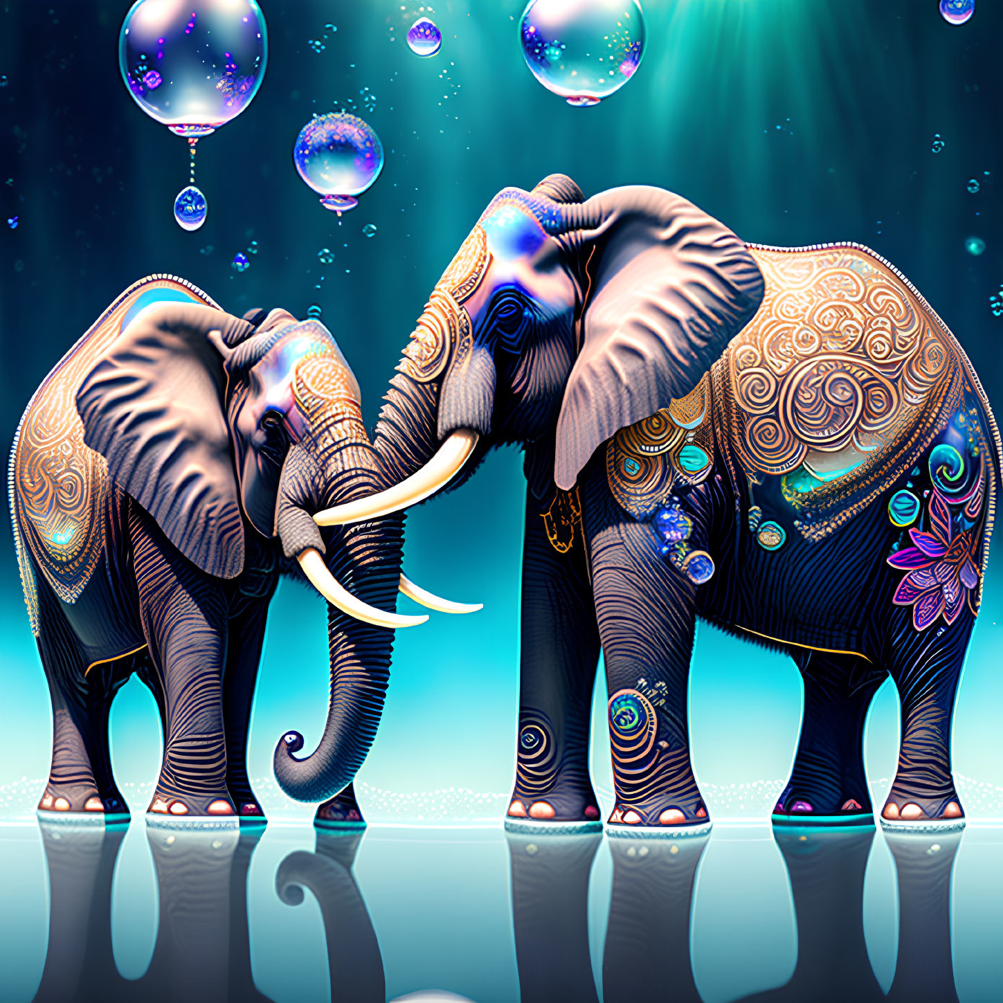 Ornately decorated elephants with glowing patterns, trunk to trunk, amidst floating bubbles and starry sky