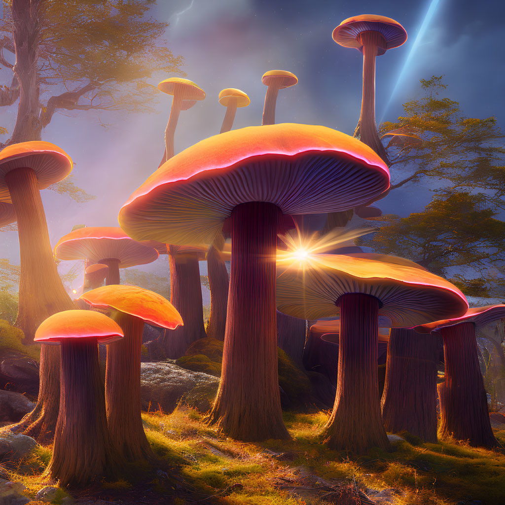 Luminous oversized mushrooms in mystical forest setting