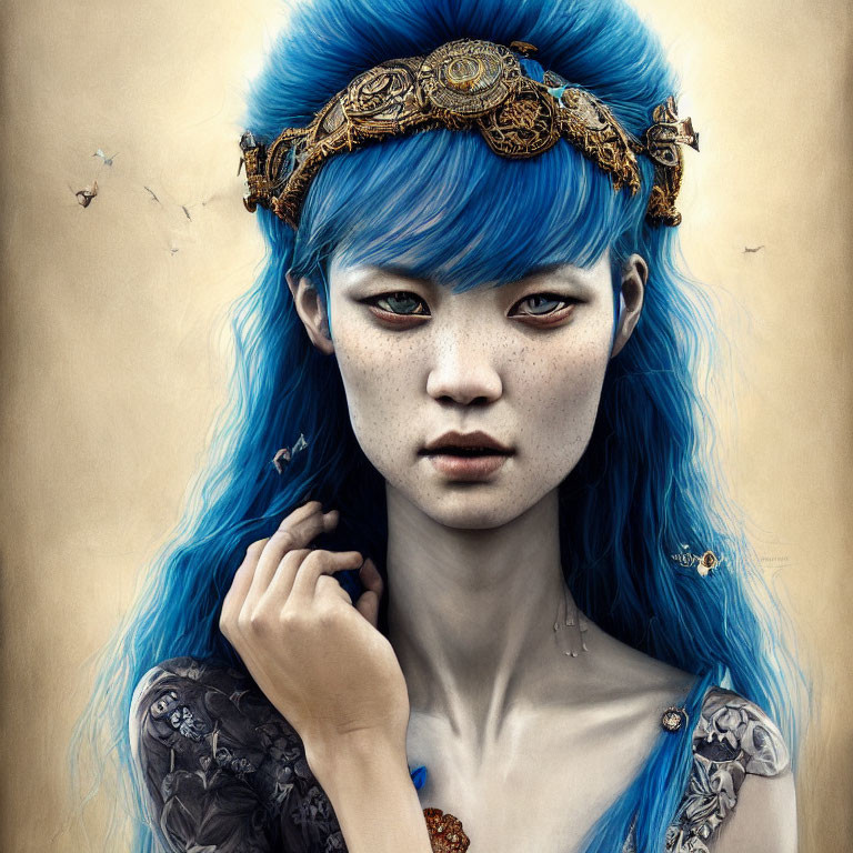 Fantasy portrait of woman with blue hair, golden headdress, freckles & butterflies