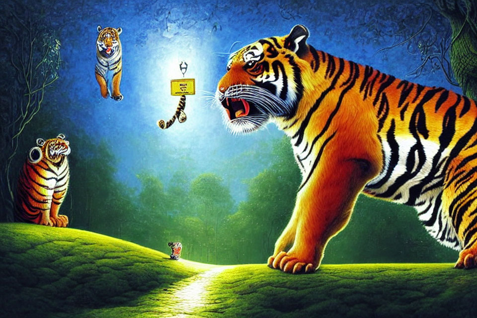 Three Tigers in Illuminated Surreal Forest with Varying Sizes