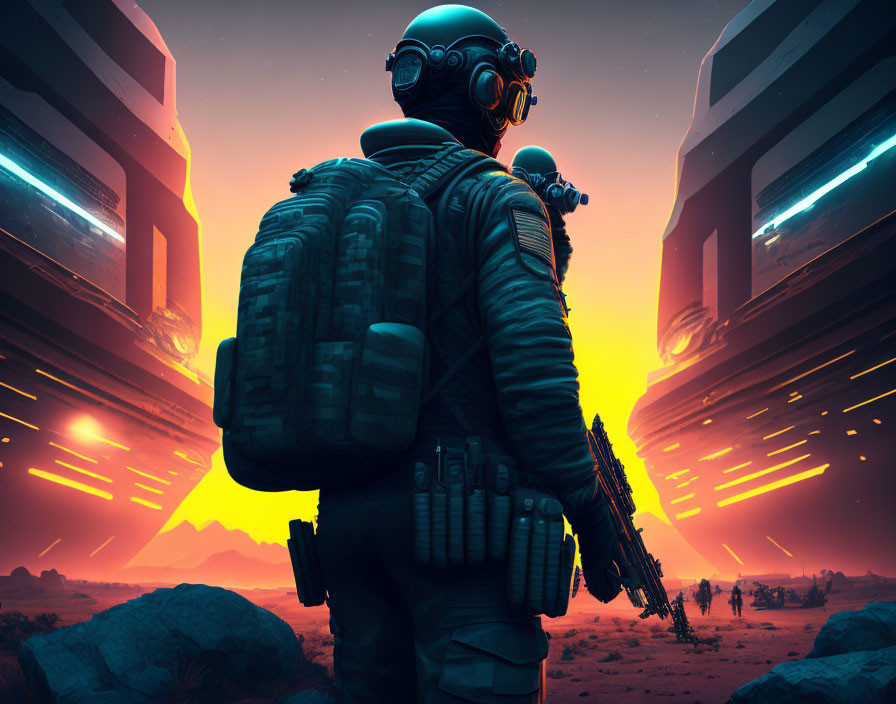 Futuristic soldier with tactical backpack and rifle in alien desert landscape