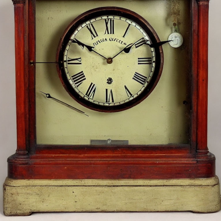 Vintage Mantel Clock with Roman Numerals in Red Wooden Case