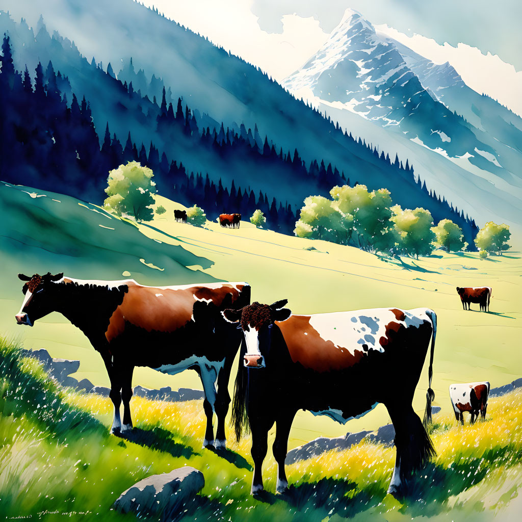 Cows grazing in lush green meadow with mountains and vibrant sunlight