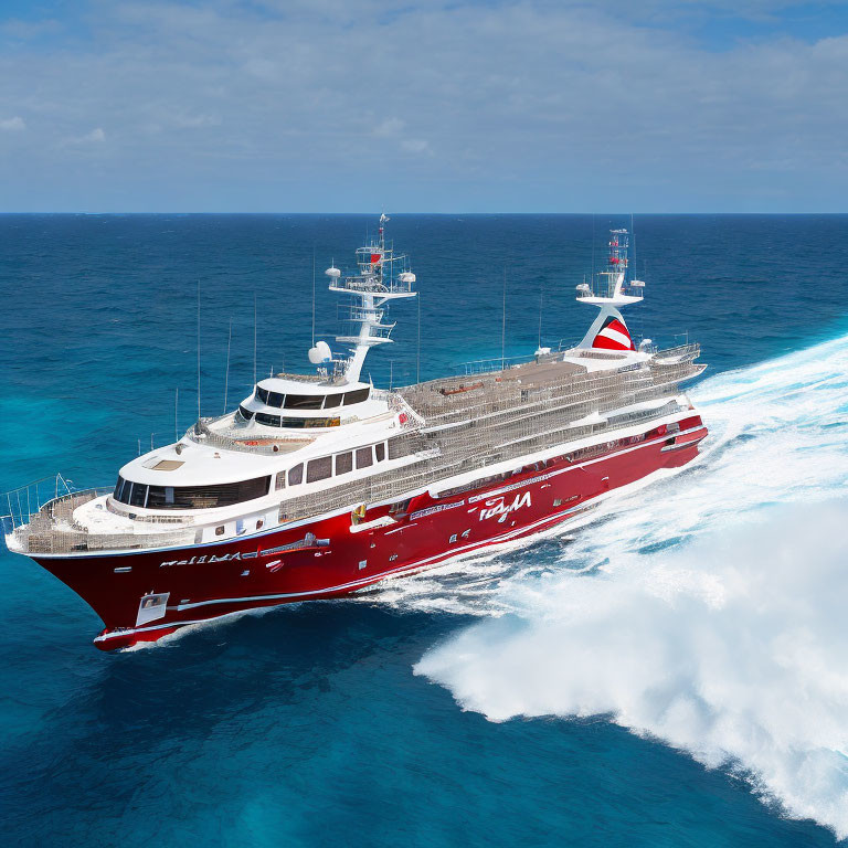 Luxury red and white yacht sailing on blue ocean under cloudy sky