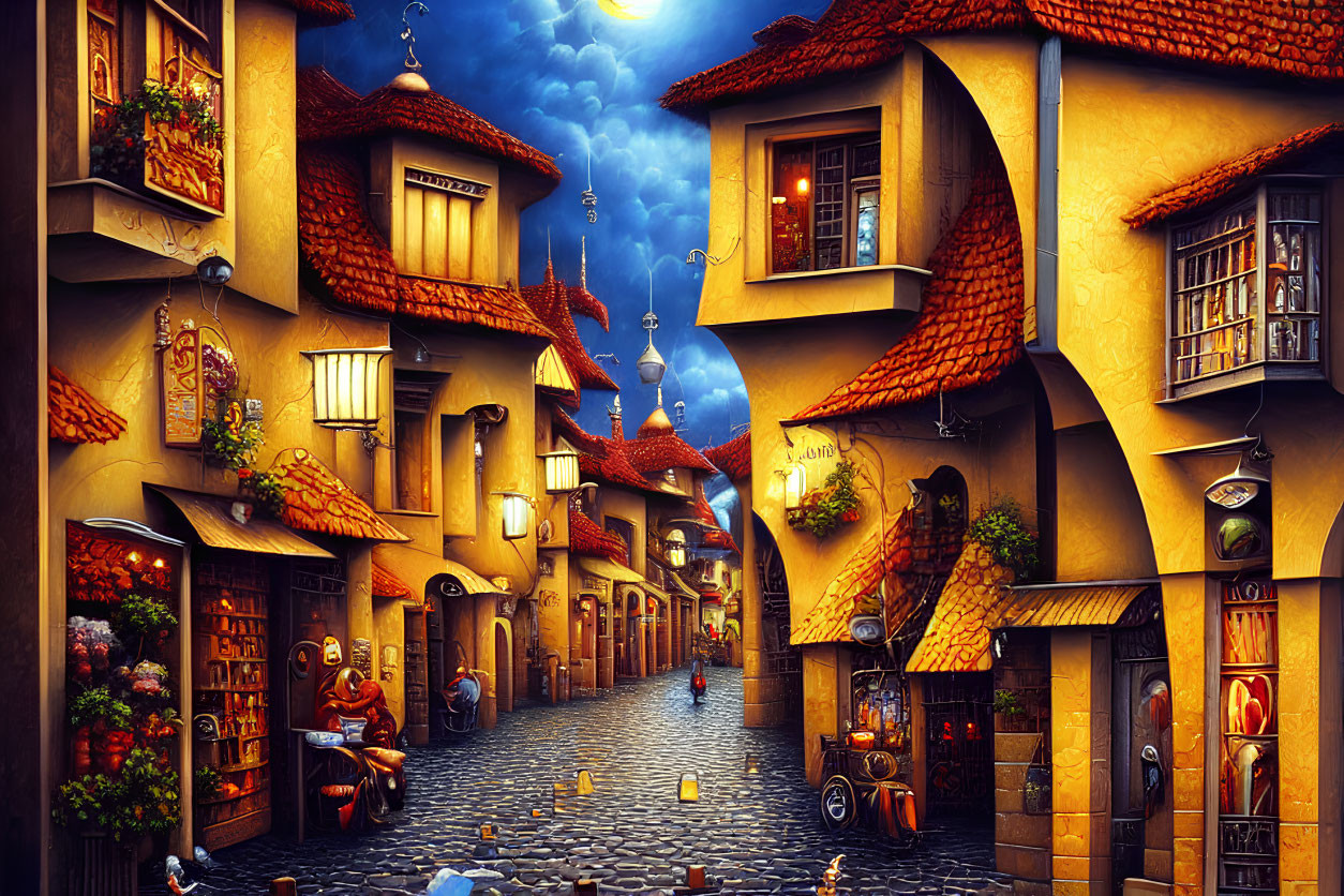 Colorful painting of a village street at dusk with glowing windows and leisurely activities