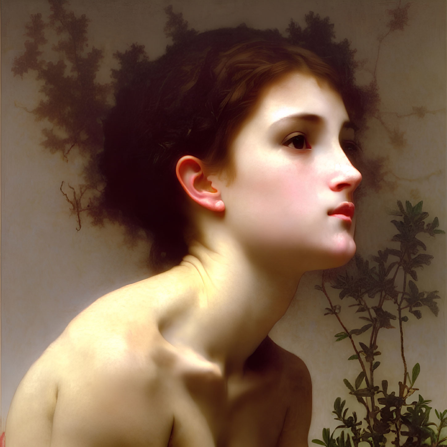 Classical-style portrait of woman with bare shoulders gazing left against plant backdrop