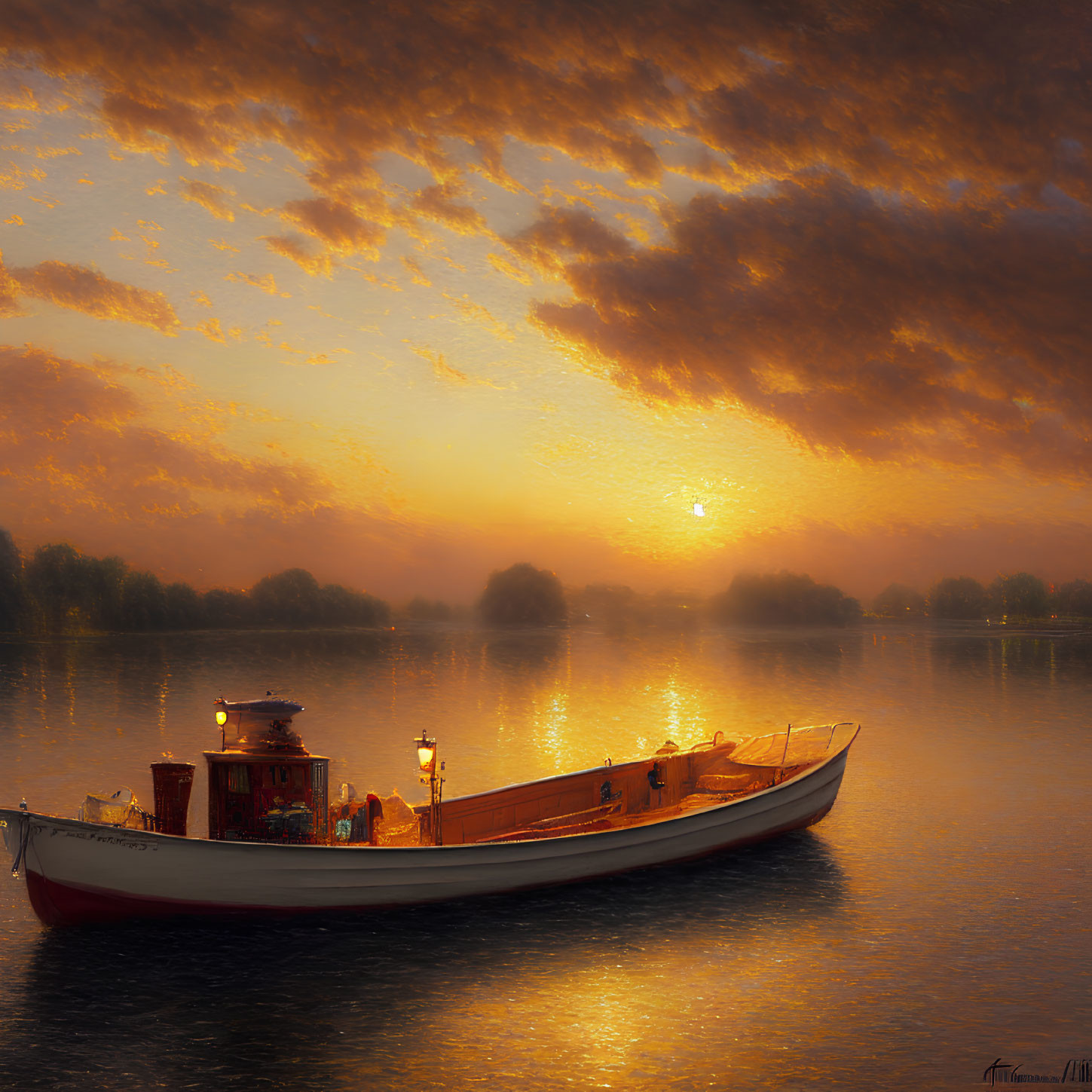 Tranquil sunset scene with golden hues on calm river and boat with people