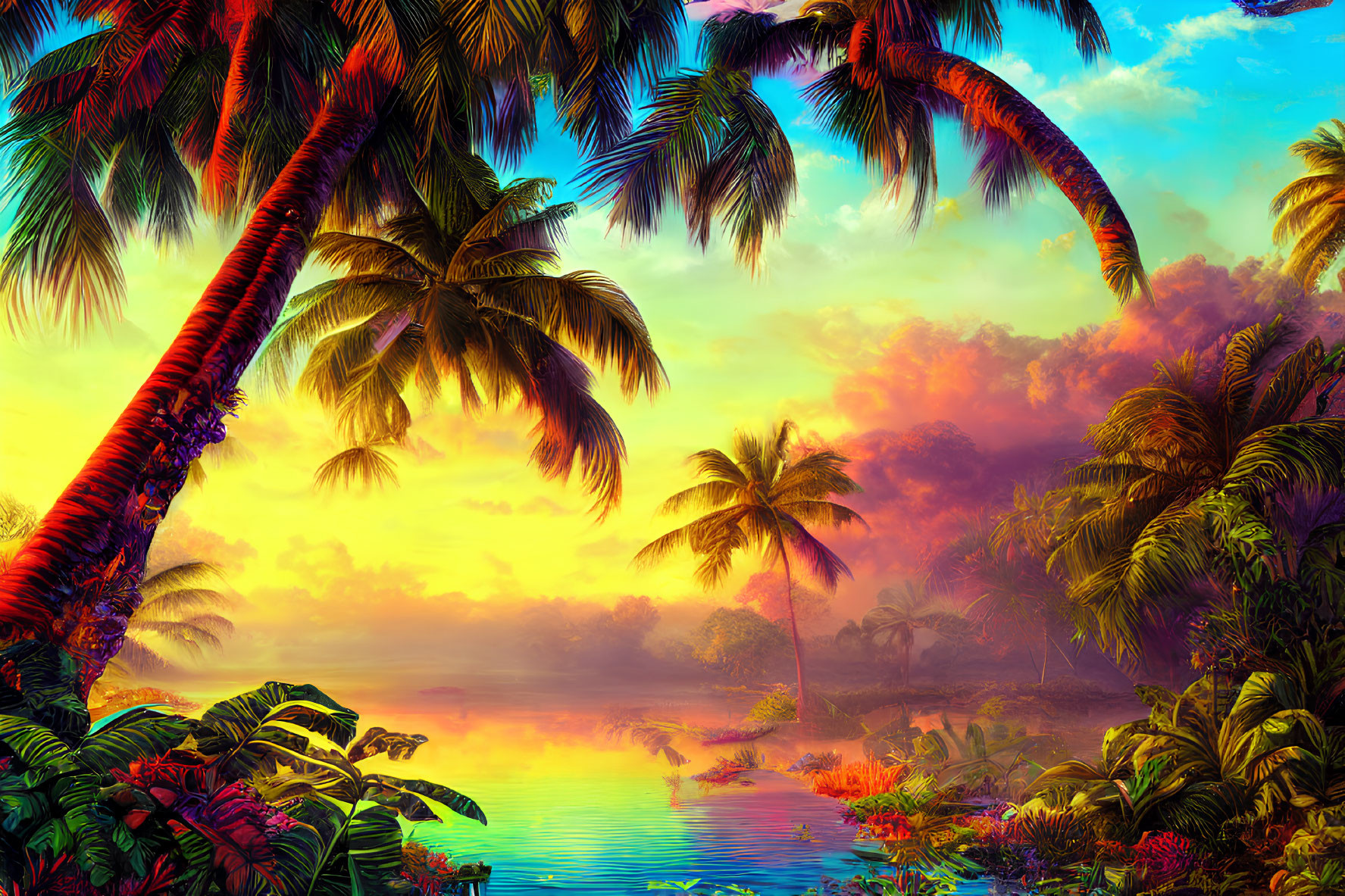 Scenic tropical sunset with palm tree silhouettes and colorful sky reflection