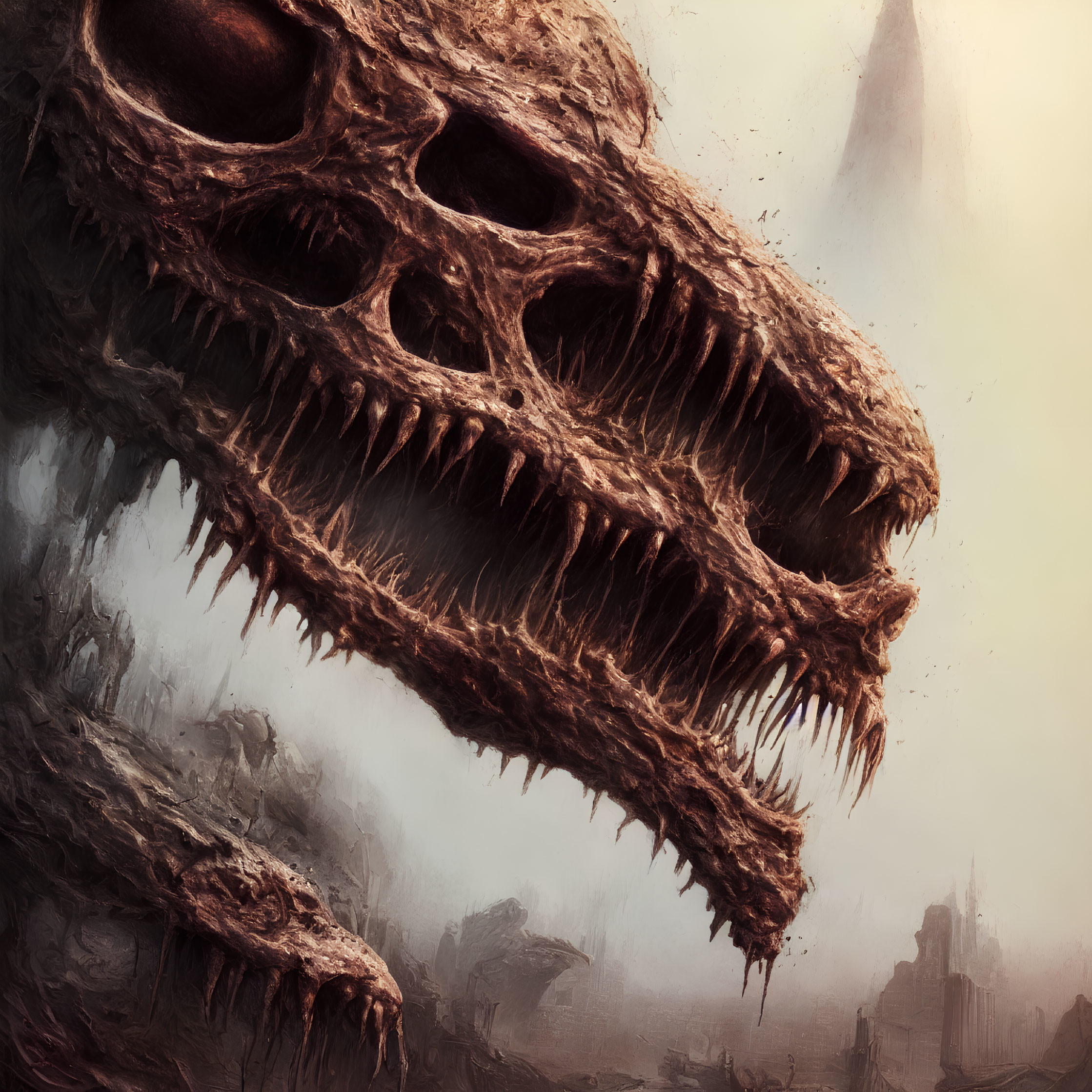 Detailed giant skull illustration with sharp teeth on desolate landscape.