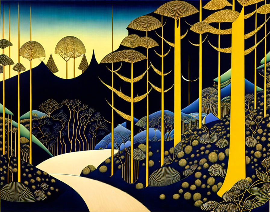 Golden forest with tall trees, winding path, and mountains under blue sky