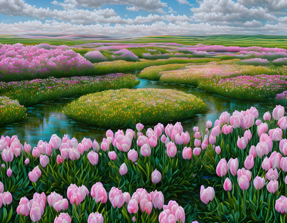 Colorful Floral Landscape with Pink Tulips and Multi-Colored Blooms under Cloudy Sky