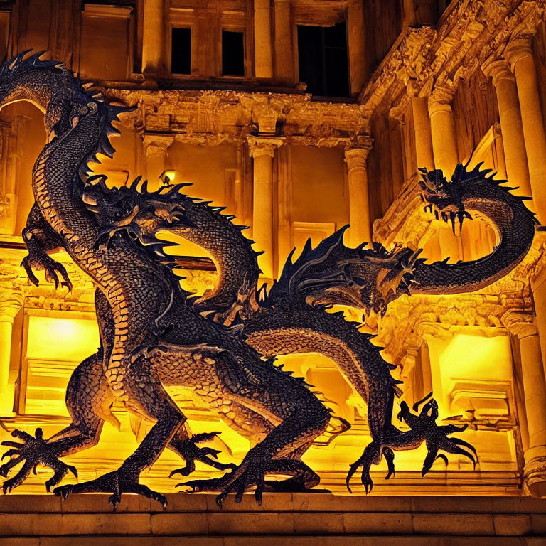 Intricate dragon sculpture with glowing outlines against classical architecture at night