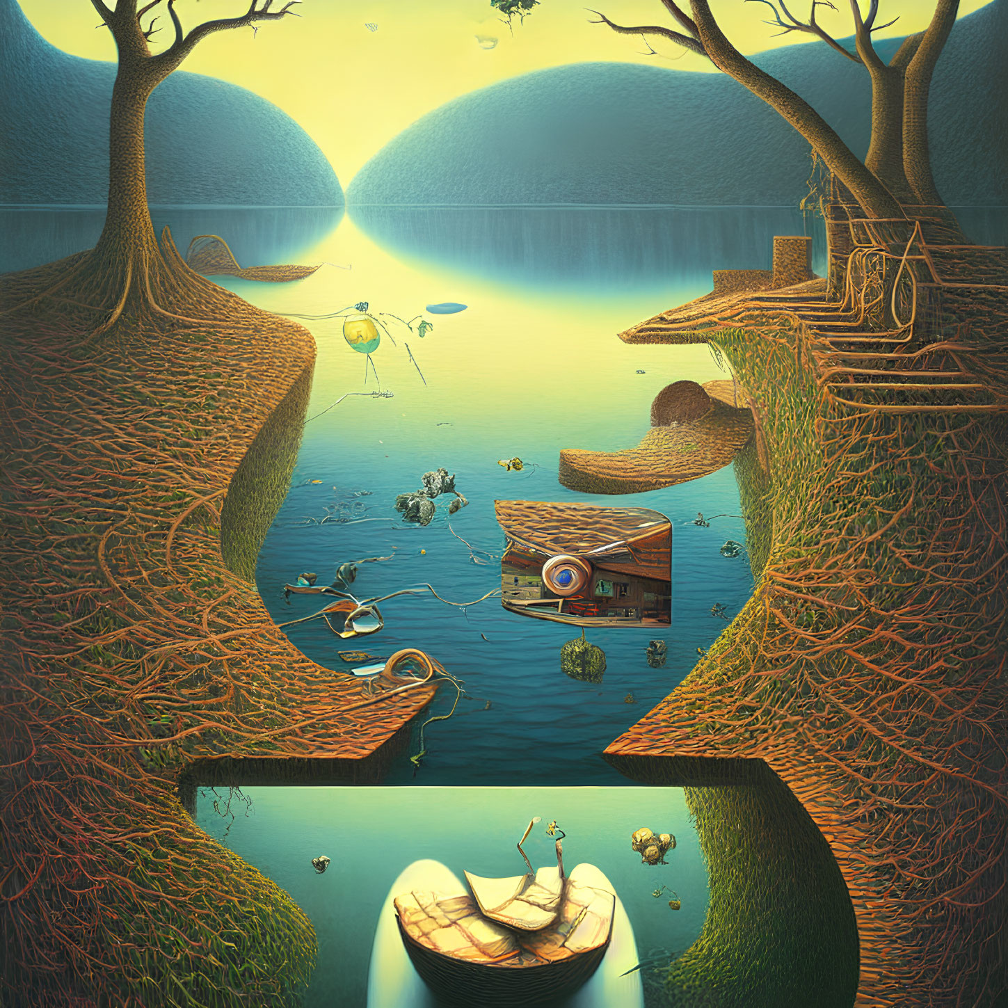 Surreal landscape with trees, roots, house on island, robotic insects, sun, and boat