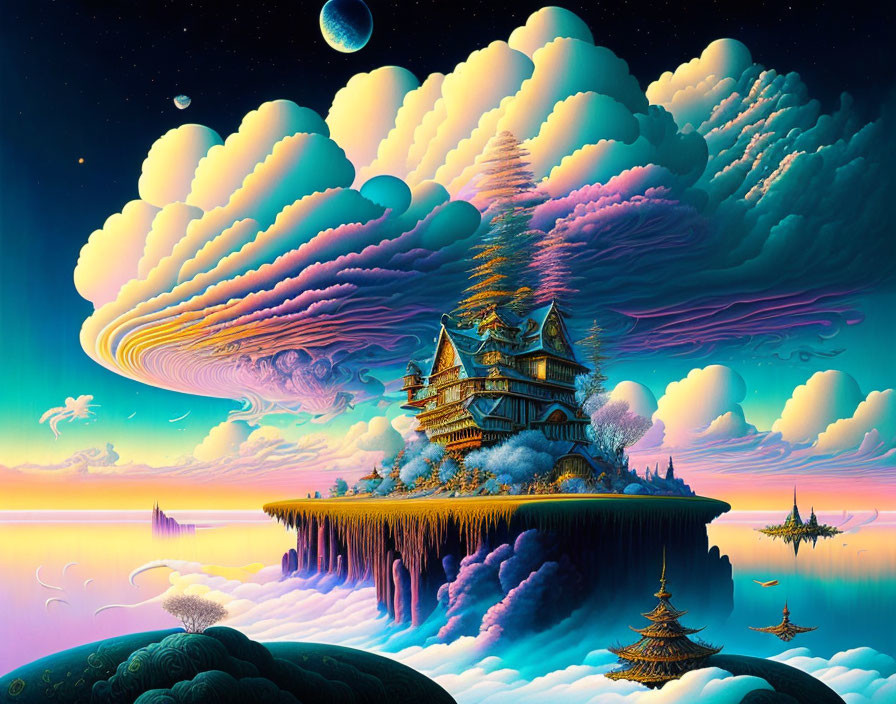 Vibrant floating island with pagoda structures in surreal sky