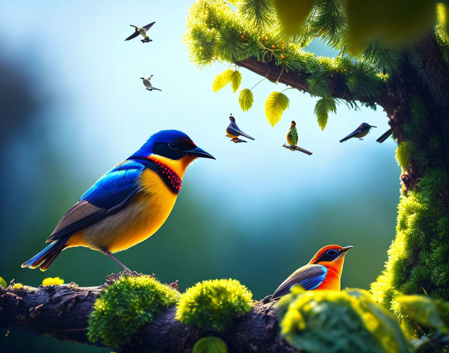 Colorful birds on mossy branch with flying companions in sunlit scene