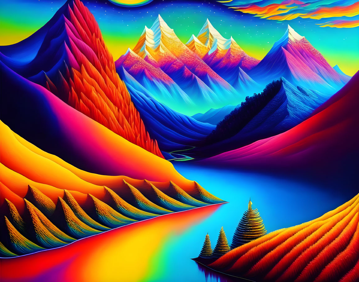 Colorful Stylized Mountains in Surreal Landscape with Fiery Valleys