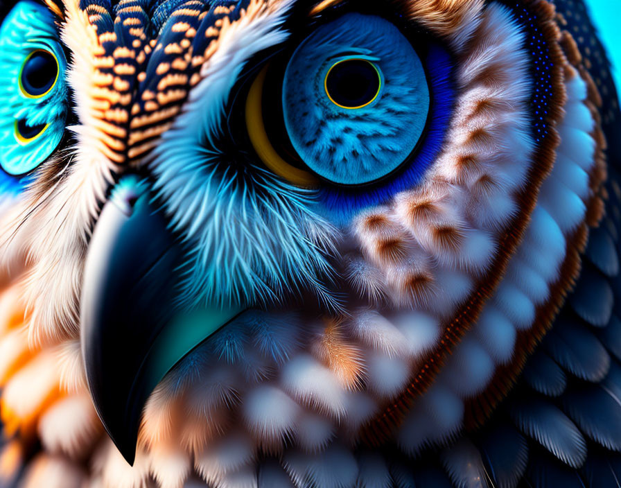 Vividly Colored Owl with Striking Blue Eyes and Detailed Feathers