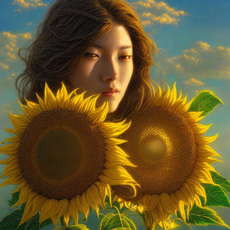 Calm person surrounded by detailed sunflowers under blue sky