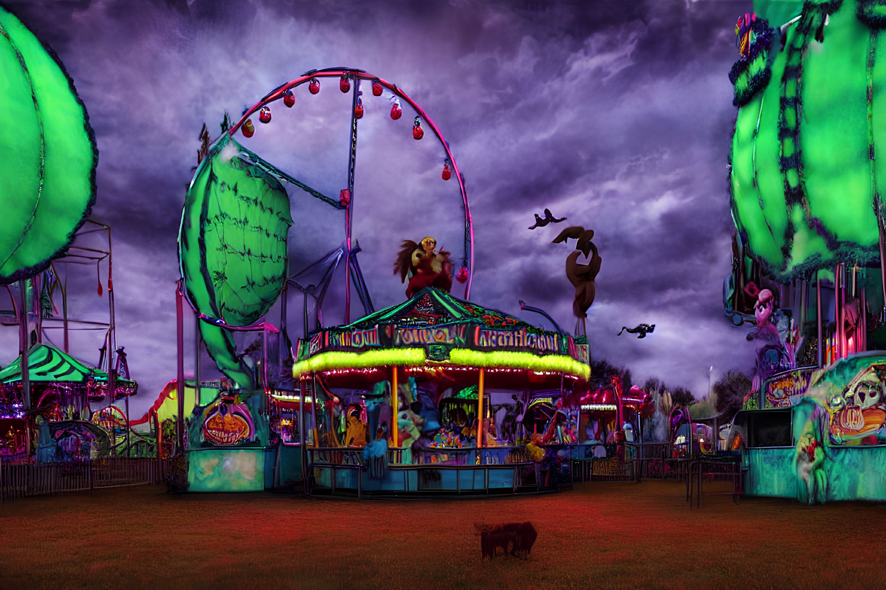 Colorful carnival night scene with lit merry-go-round and Ferris wheel under purple sky