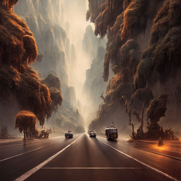 Forest-lined road with moss-covered cliffs and sunbeams filtering.