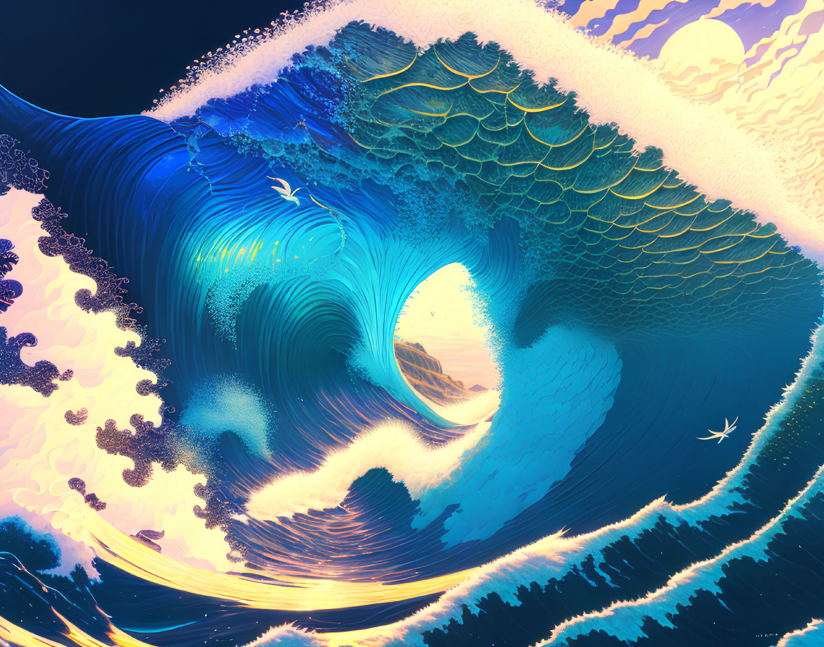 Detailed Illustration of Massive Blue Wave and Pastel Sky