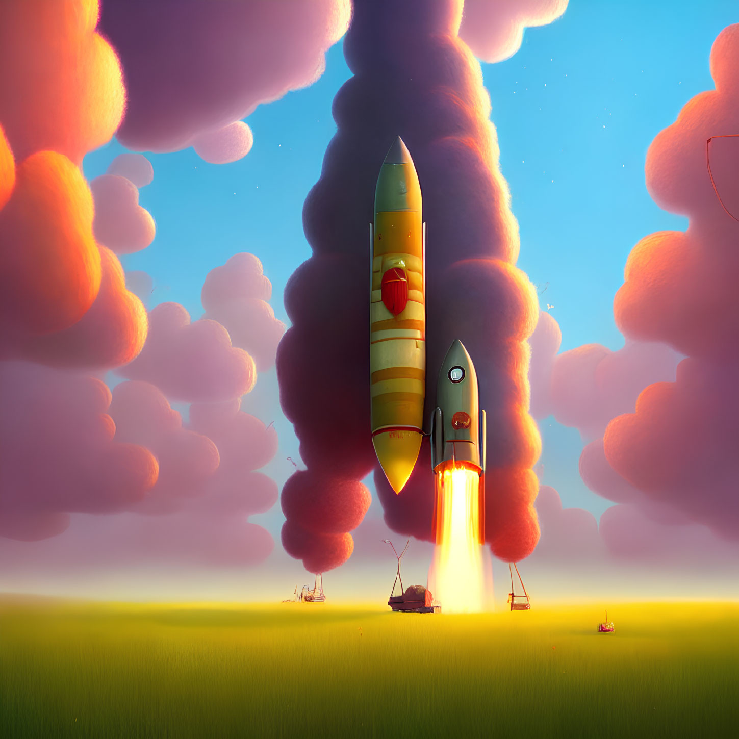 Stylized rocket launching at dawn over pink clouds and calm ocean