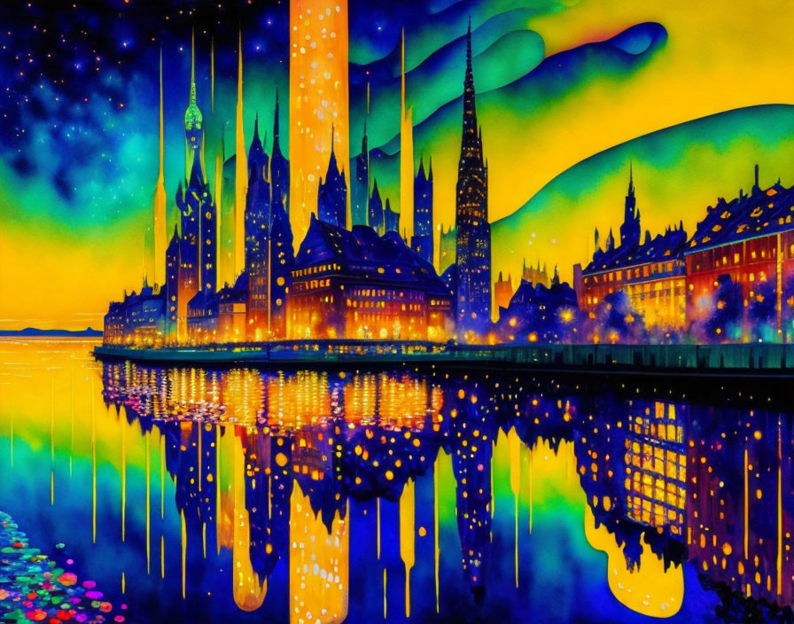 Neon-colored cityscape with tall spires reflected on water at twilight