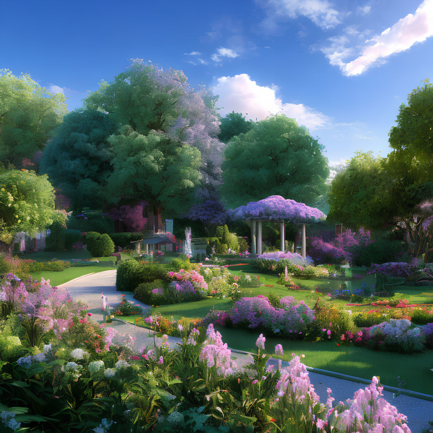 Tranquil garden with blooming flowers, lush trees, winding path, and gazebo