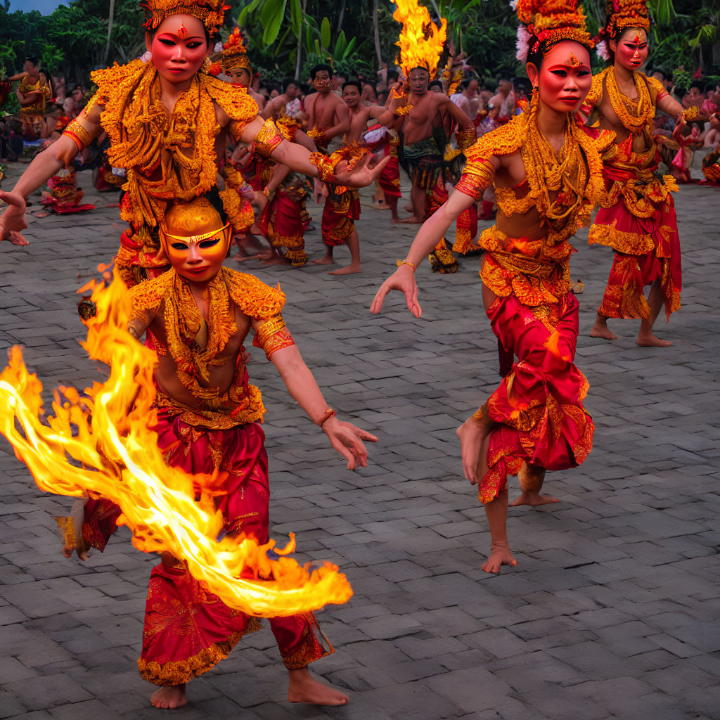 Traditional Dancers in Ornate Costumes Perform with Fire Outdoors