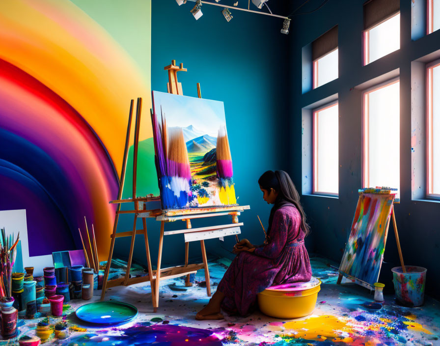 Colorful canvas in vibrant room with scattered paint supplies