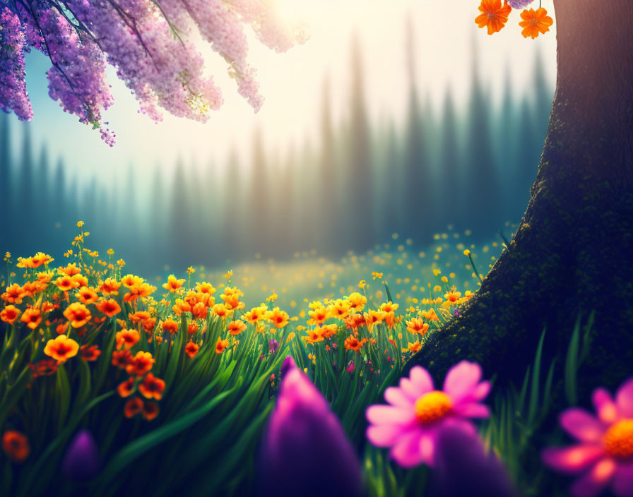 Misty forest scene with vibrant flowers and wisteria branch