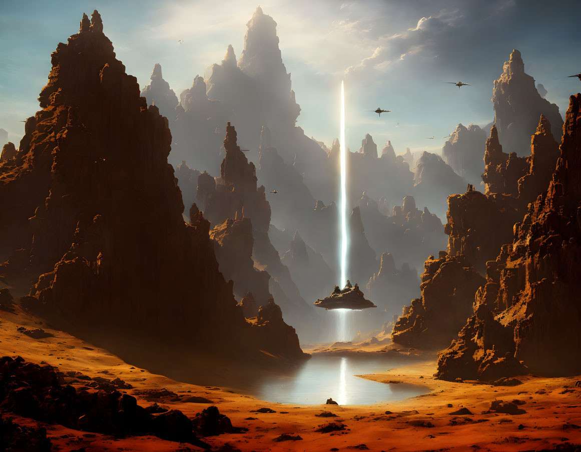 Alien planet with towering rocks, water, light beam, and flying ships