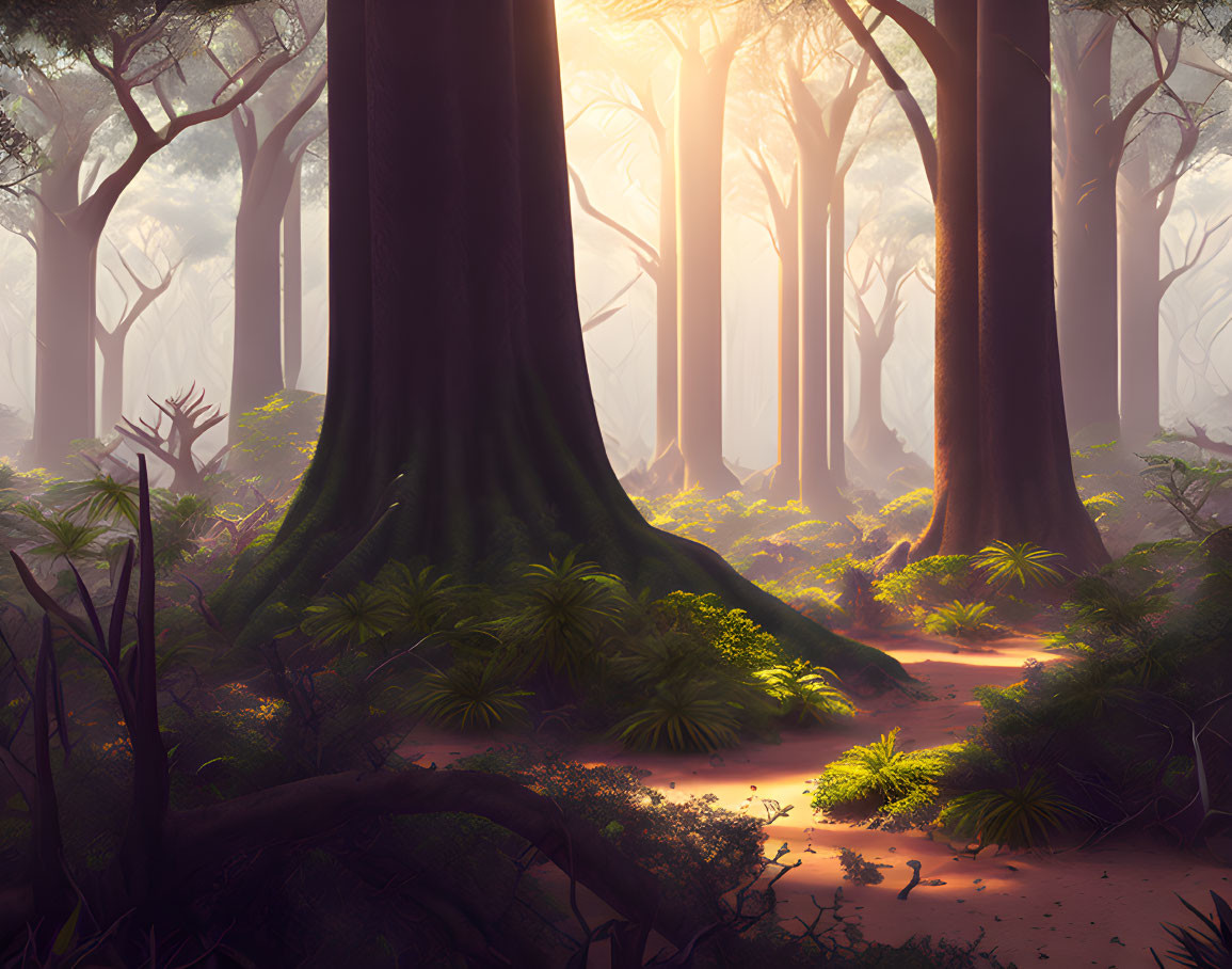 Enchanting forest scene with towering trees and lush undergrowth