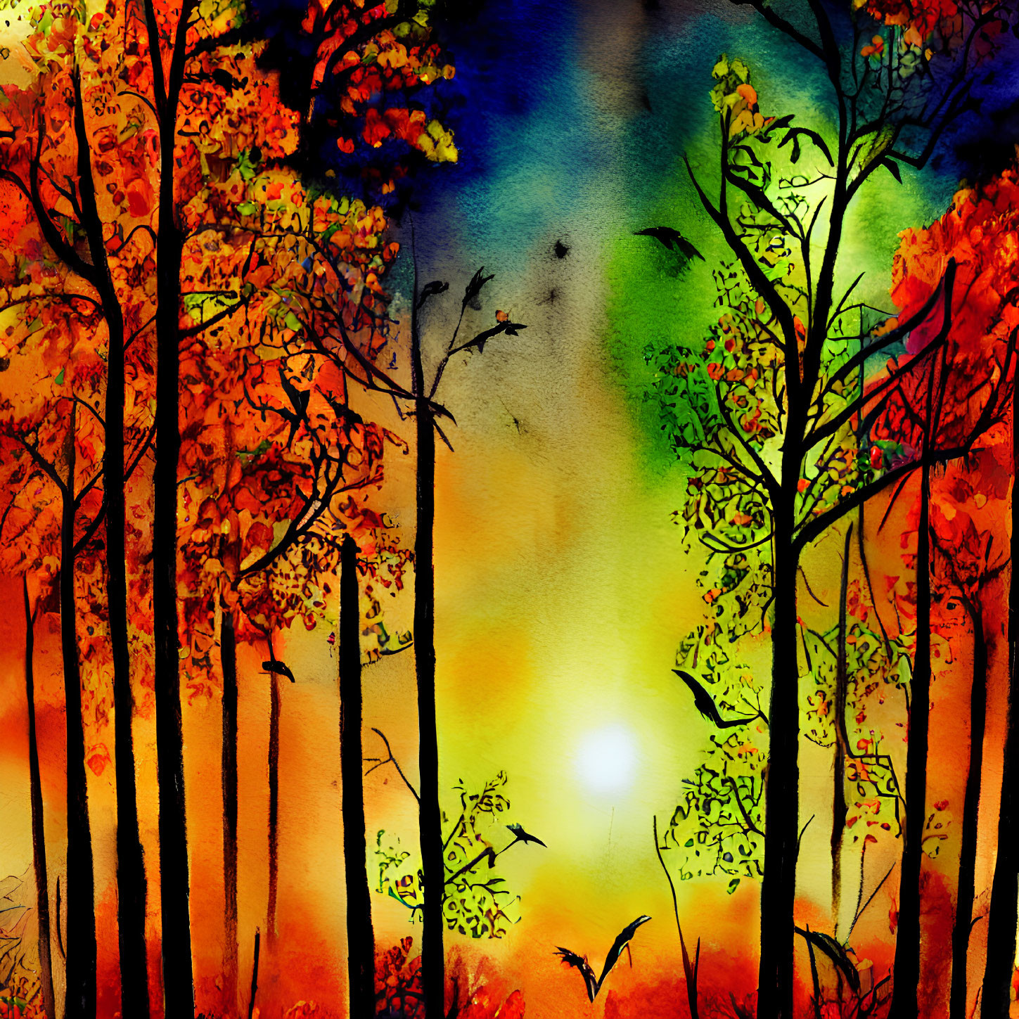 Colorful watercolor painting: Forest sunset with tree silhouettes