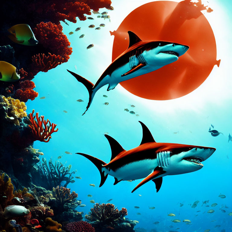 Vibrant coral reefs with two sharks in underwater scene