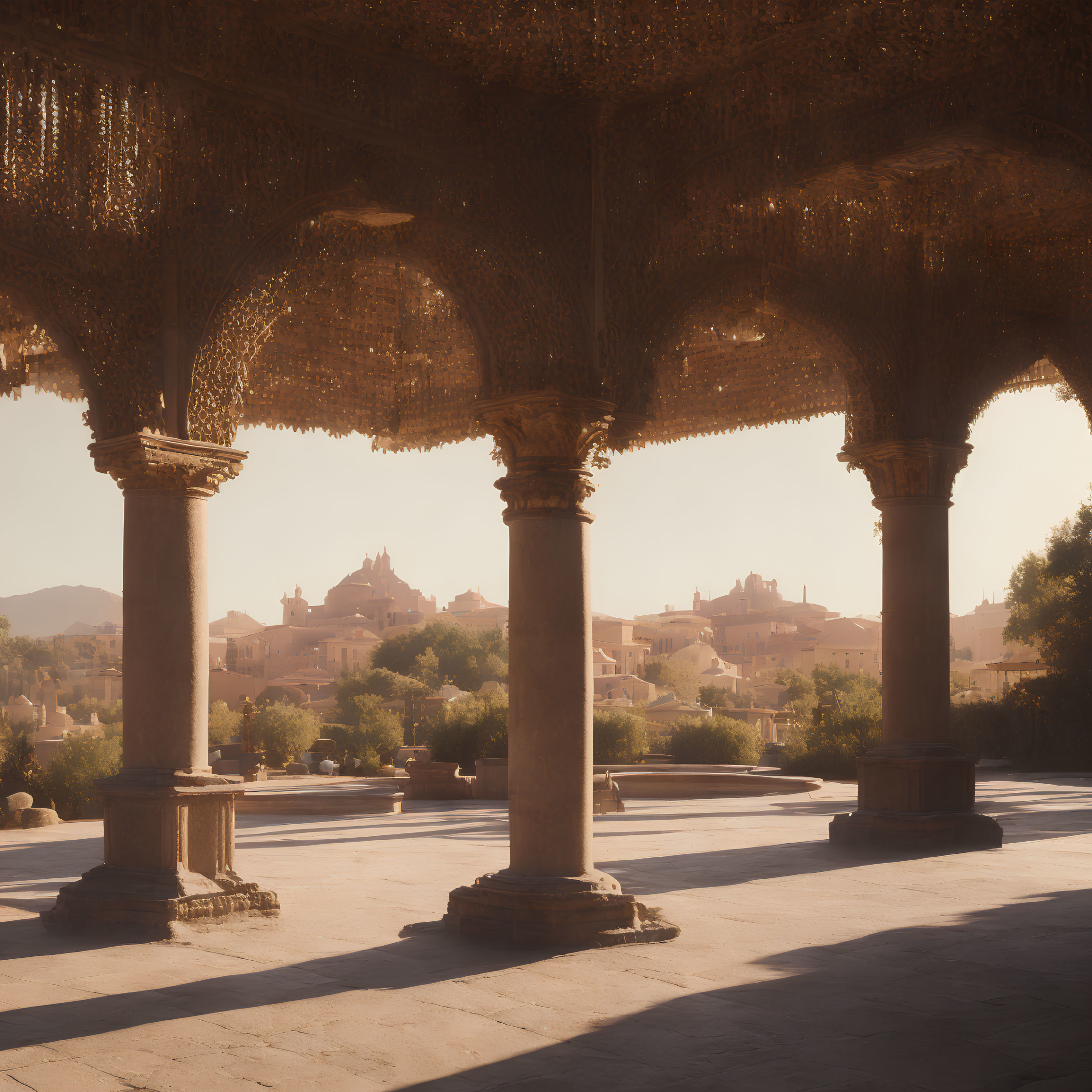 Ancient columns and arches in sunlit historic townscape.