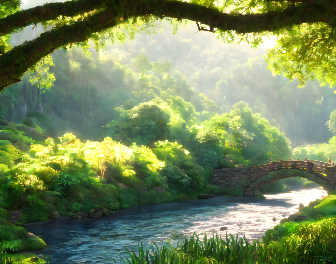 Tranquil river scene with lush greenery and stone bridge