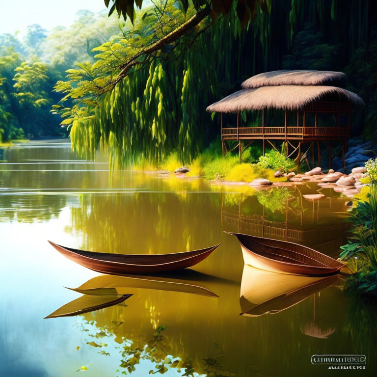 Tranquil Lake Scene with Wooden Boats and Thatched Hut