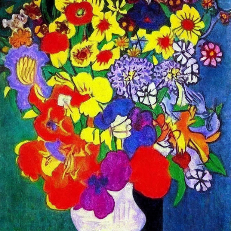 Colorful painting of assorted flowers in white vase on blue backdrop