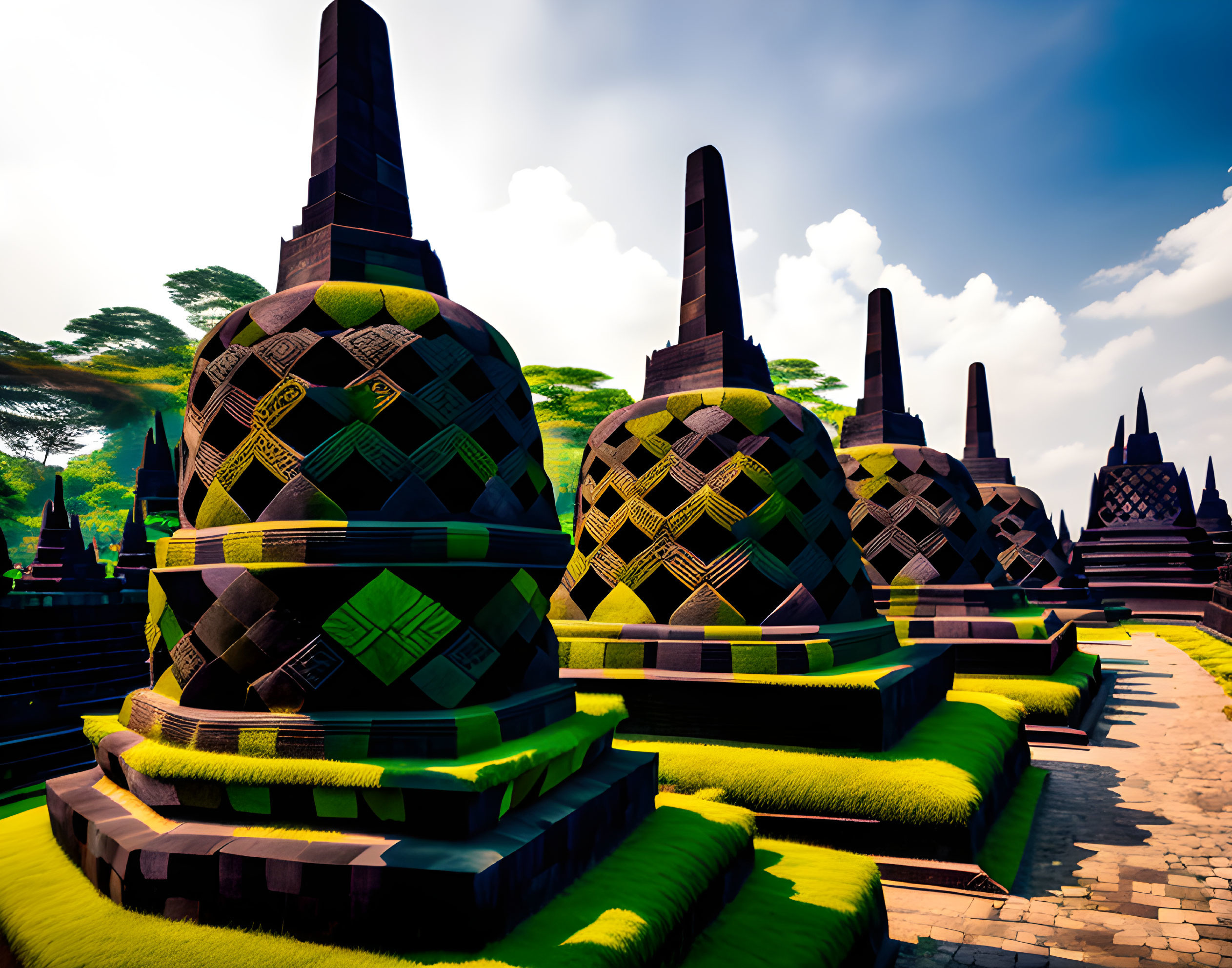 Stylized 3D-rendered landscape of intricate temple structures in lush environment