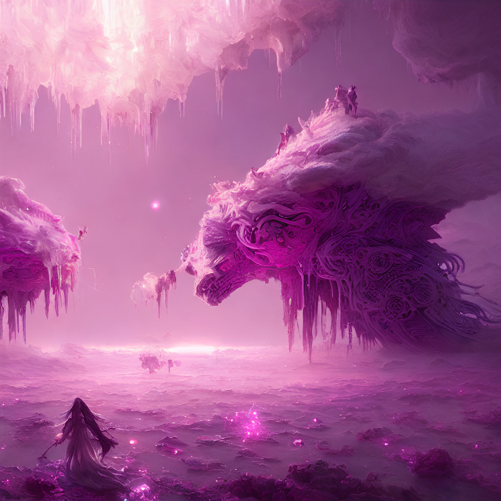 Purple Landscape with Floating Islands, Cloaked Figure, and Dragon Rock