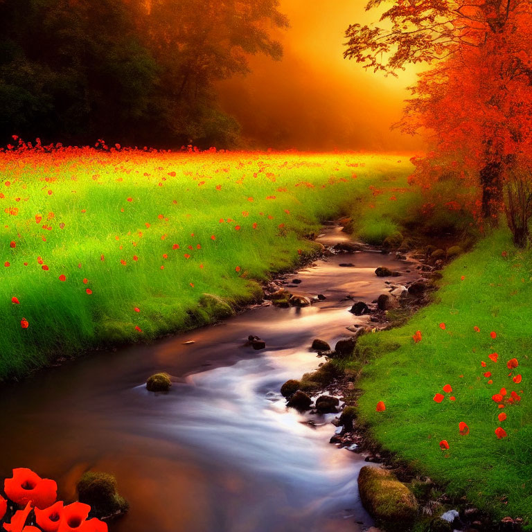 Tranquil stream in vibrant meadow at sunset