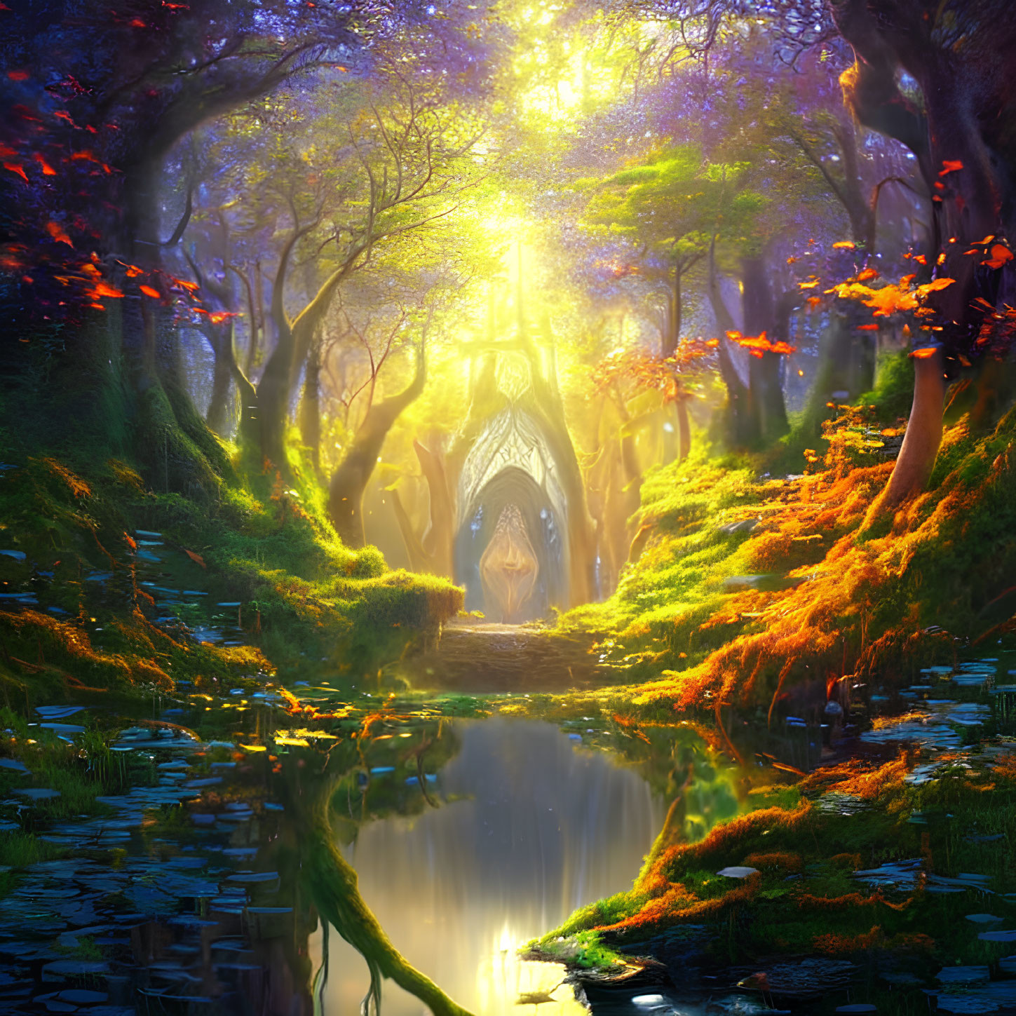 Enchanted forest with sunlit clearing, autumn foliage, and mystical tree portal