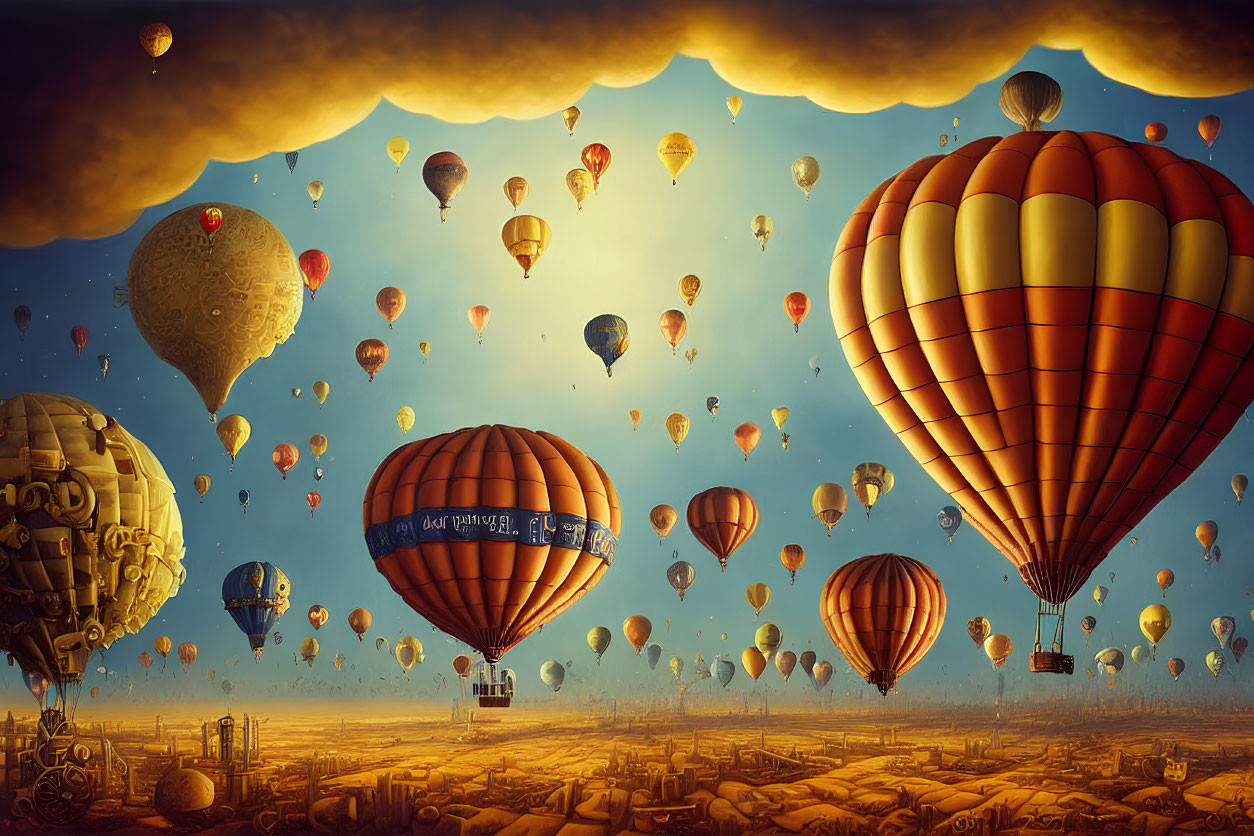 Numerous hot air balloons in golden sky over intricate landscape