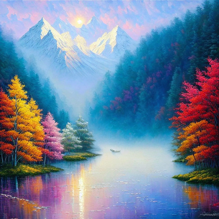 Tranquil lake with autumn trees, snowy mountains, and colorful sky