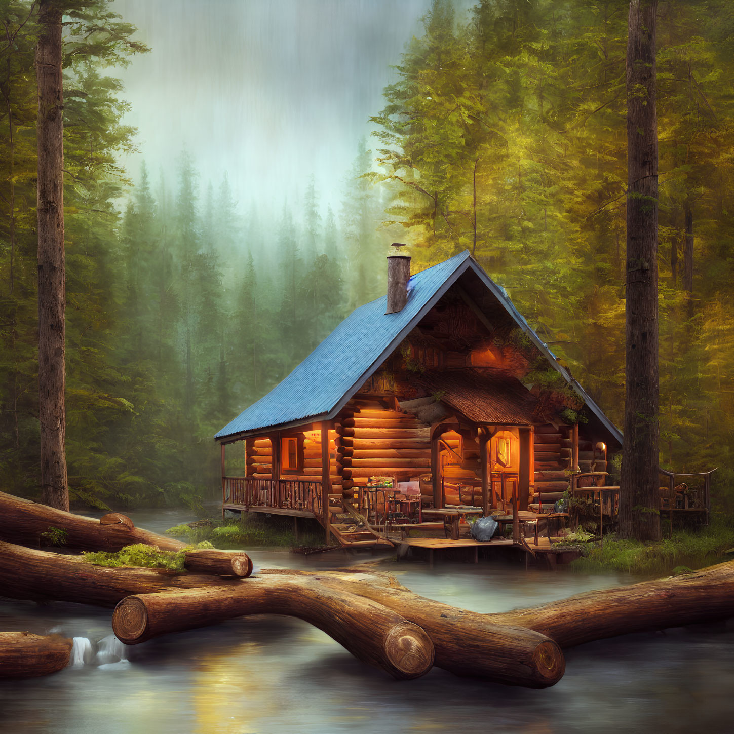 Cozy log cabin in misty pine forest with blue roof and stream.